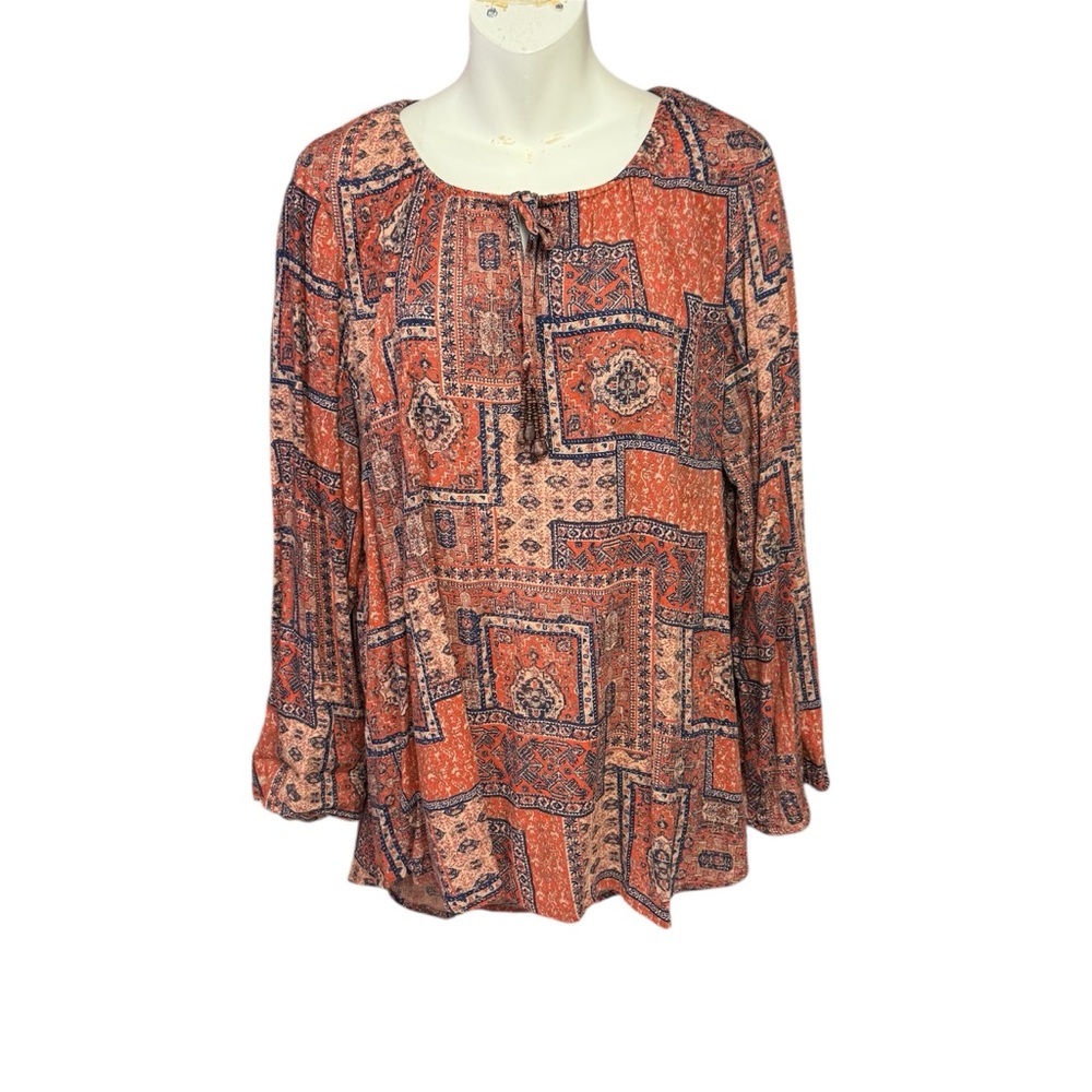 Ruff Hewn size 1X tunic length Bohemian Paisley Women's Blouse tie front at neck